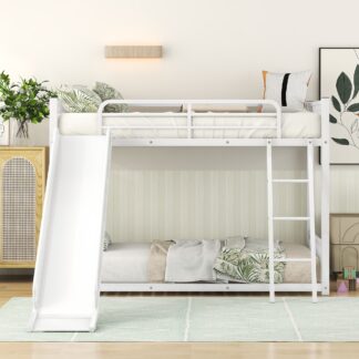 Kumix Bunk Bed Twin over Twin, Low Bunk Bed with Slide, Heavy Duty Bunk Bed for Kids, Teens, Adults with Full-Length Guardrail and Inclined Ladder, No Box Spring Needed, Noise Free, White