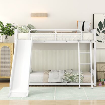 Kumix Bunk Bed Twin over Twin, Low Bunk Bed with Slide, Heavy Duty Bunk Bed for Kids, Teens, Adults with Full-Length Guardrail and Inclined Ladder, No Box Spring Needed, Noise Free, White