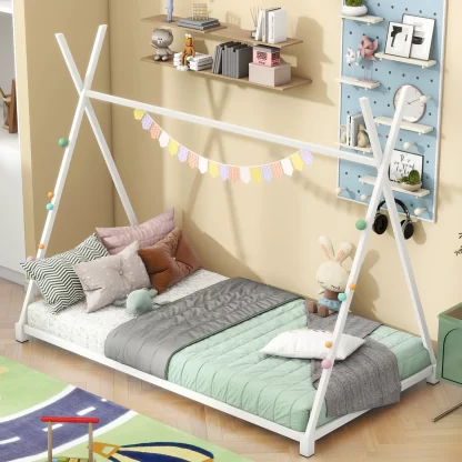 Kumix Floor Bed Twin Size, Tent Floor Bed with Triangle Structure for Kids Boys and Girls, Metal Toddler Floor Bed with X-Rail, Tent Floor Bed Frame for Bedroom, Noise Free Twin Toddler Bed, White