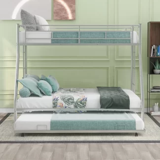 Kumix Bunk Bed Twin over Full, Metal Bunk Bed with Trundle, Heavy Duty Bunk Bed Frame for 3 Kids Teens and Adults with Two Side Ladders and Full-Length Guard Rail, 3 in 1 Triple Bunk Beds, Silver