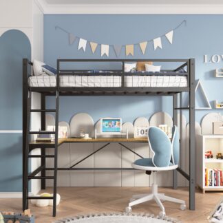 Kumix Loft Bed with Desk and Charging Station, Metal Loft Bed Twin Size with Safety Guardrail and Ladder for Kids Teens Adults, Heavy-Duty Loft Bed Frame for Bedroom, No Box Spring Needed, Black