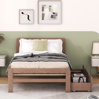 Platform Bed Kumix Twin Size, Noise-Free Bed Frame with Pine Headboard and 2 Drawers, Solid Wood Platform Bed with Slats Support for Girls Boys for Bedrooms, No Box Spring Needed, Walnut