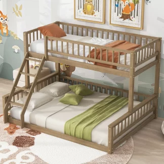 Kumix Bunk Bed Twin XL over Queen, Wood Bunk Bed with Ladder and Full-Length Guardrail for Kids, Teens, Adults, 2 Beds Bunk Bed Can Convertible into 2 Separate Beds for Bedroom, Noise Free, Walnut