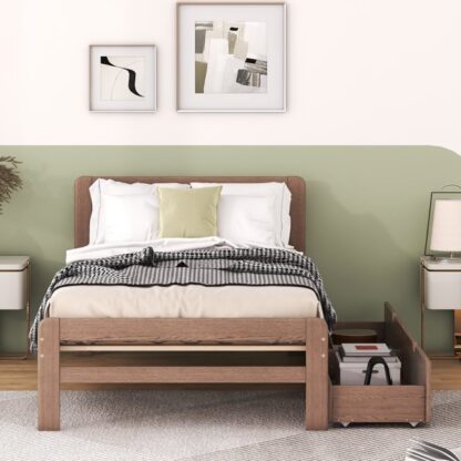 Platform Bed Kumix Twin Size, Noise-Free Bed Frame with Pine Headboard and 2 Drawers, Solid Wood Platform Bed with Slats Support for Girls Boys for Bedrooms, No Box Spring Needed, Walnut