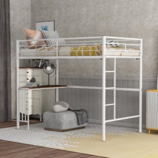 Kumix Loft Bed Twin Size, Metal Loft Bed with Desk, Build-in Ladder and Safety Guardrails for Kids, Teens, Adults, Noise-Free Loft Bed for Bedroom, Dom, No Box Spring Needed, White
