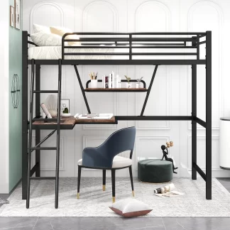 Kumix Loft Bed Twin Size, Metal Loft Bed with Desk, Full-Length Guardrail, Twin Loft Bed with Shelf and Ladder for Kids, Teens, Adults, Space-Saving Loft Bed for Bedroom, Noise Free, Black
