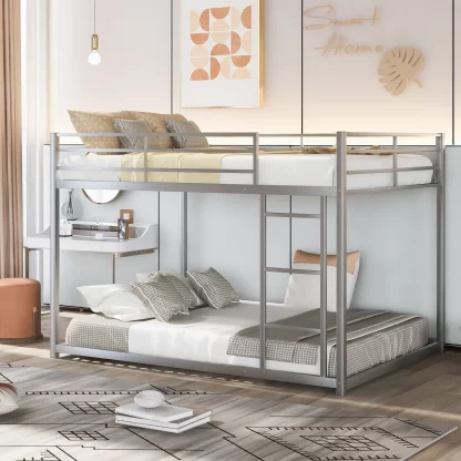 Kumix Bunk Bed Full over Full, Low Bunk Bed with Guardrails and Built-in Ladder, Metal Bunk Bed for Kids Teens, Floor Full Bunk Beds for Bedroom, Dom, Noise Free, Silver