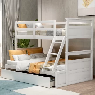 Kumix Twin over Full Bunk Bed, Wooden Bunk Bed with 2 Storage Drawers, Guardrails and Inclined Ladder for Kids Teens Adults, Space-Saving Bunk Bed Can be Convertible into 2 Beds, Noise Free, White