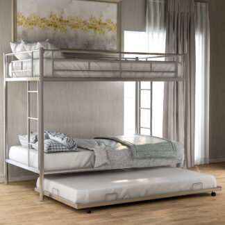 Kumix Twin over Twin Bunk Bed with Trundle, 2 Beds Bunk Bed with Full-length Guardrail and 2 Build-in Ladders for Kids, Teens, Adults, Metal Bunk Bed Twin Size for Bedrooms, Easy to Install, Silver