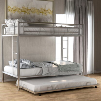 Kumix Twin over Twin Bunk Bed with Trundle, 2 Beds Bunk Bed with Full-length Guardrail and 2 Build-in Ladders for Kids, Teens, Adults, Metal Bunk Bed Twin Size for Bedrooms, Easy to Install, Silver