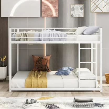 Kumix Bunk Bed Full over Full, Low Bunk Bed with Guardrails and Built-in Ladder, Metal Bunk Bed for Kids Teens Adults, Full Bunk Beds Frame for Bedroom, Noise Free, Easy Assembly, White