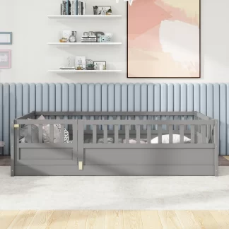 Kumix Twin Floor Bed, Wood Floor Bed with Fence and Door for Kids, Boys/Girls, Toddler Floor Bed with Safety Guardrails, Montessori Floor Bed Frame for Bedroom, Easy Assembly, Gray