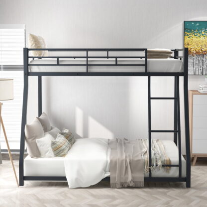 Kumix Bunk Bed Twin over Full, Low Bunk Bed for Kids Adults with Safety Guardrails and Inclined Ladder, Metal Bunk Bed Frame for Bedroom, Dom, Noise Free, No Box Spring Needed, Black