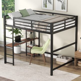 Kumix Loft Bed Full Size, High Loft Bed with Desk and Shelves for Kids, Teens, Adults, Metal Loft Bed with Full Length Guardrails and Build-in Ladder for Bedroom, Space-Saving, Black