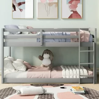 Kumix Twin over Twin Bunk Bed, Low Bunk Bed for Kids, Wood Bunk Bed Frame with Full-Length Guardrail and Build-in Ladder, Bunk Bed Twin Size for Bedroom, Noise Free, Easy Assembly, Gray