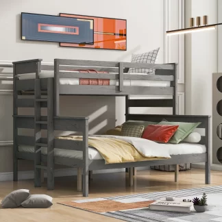 Twin XL over Queen Bunk Bed, Wood Bunk Bed for Kids Teens Adults with Build-in Ladder and Full-Length Guardrail, Bunk Bed Frame Able to Split, Noise Free, No Box Spring Needed, Grey