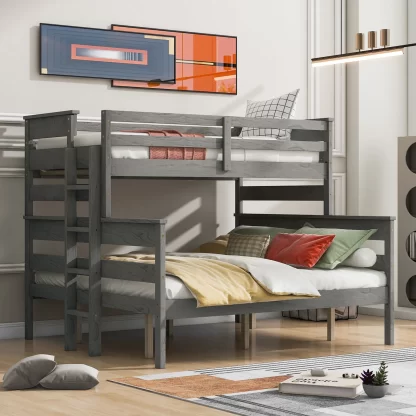 Twin XL over Queen Bunk Bed, Wood Bunk Bed for Kids Teens Adults with Build-in Ladder and Full-Length Guardrail, Bunk Bed Frame Able to Split, Noise Free, No Box Spring Needed, Grey