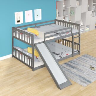 Kumix Bunk Bed Full over Full with Slide, Wood Bunk Bed with Built-in Ladder and Guardrails for Boys and Girls, Low Bunk Bed for Kids, Noise Free Floor Full Bunk Beds for Bedroom, Dormitory, Grey
