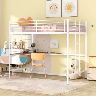 Kumix Loft Bed Full Size, Metal Loft Bed with Desk and Metal Grid for Kids Teens Adults, Space-Saving Loft Bed with Build-in Ladder and Safety Guardrail, No Box Spring Needed, White