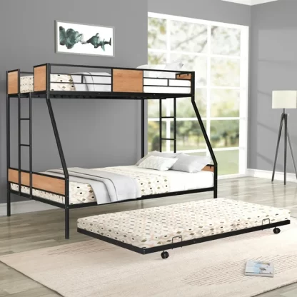 Kumix Twin over Full Bunk Bed with Trundle, Bunk Bed with Full-length Guardrail and Ladders for Kids, Teens, Adults, Metal Bunk Bed for Bedrooms, Noise Free, Easy to Install, Black