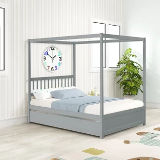 Kumix Full Size Platform Bed with Canopy, Full Bed with Trundle for Kids, Space-Saving Wood Bed Frame for Bedroom, Dormitory, No Box Spring Needed, Easy Assembly, Noise Free, Gray