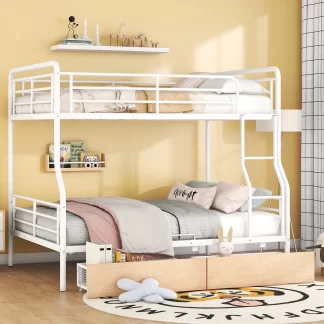 Kumix Full over Queen Bunk Bed, Full Size Bunk Bed with Drawer, Full-Length Guardrail and Ladder for Kids, Teens, Adults, Metal Bunk Bed Can Convertible into 2 Bed for Bedroom, Space-Saving, White