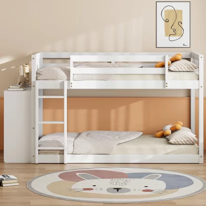 Kumix Twin over Twin Bunk Bed, Low Bunk Bed with 4 Drawers and 3 Storage Cabinets, Wood Bunk Beds for Kids with Full-Length Guardrail and Ladder, Noise Free, No Box Spring Needed, White