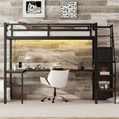 Kumix Twin XL Size Loft Bed with Desk and USB, Metal Loft Bed with Wardrobe, LED and Storage Staircase for Kids Teens, High Loft Bed with Guardrails and Ladders for Bedroom, Space-Saving, Black