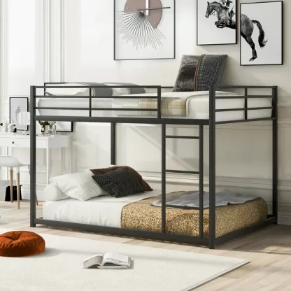 Kumix Bunk Bed Full over Full, Low Bunk Bed with Guardrails and Built-in Ladder, Metal Bunk Bed for Kids Teens Adults, Full Bunk Beds Frame for Bedroom, Noise Free, Easy Assembly, Black