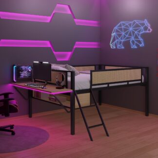 Kumix Loft Bed Full Size, Metal Loft Bed with Desk and Storage for Kids Teens, Space-Saving Loft Bed with LED, Safety Guard and Ladder for Bedroom, Noise-Free, No Box Spring Needed, Black+Natural