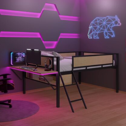 Kumix Loft Bed Full Size, Metal Loft Bed with Desk and Storage for Kids Teens, Space-Saving Loft Bed with LED, Safety Guard and Ladder for Bedroom, Noise-Free, No Box Spring Needed, Black+Natural