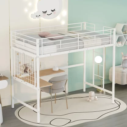 Kumix Loft Bed Twin Size, Metal Loft Bed with Desk and Metal Grid for Kids Teens Adults, Space-Saving Loft Bed with Build-in Ladder and Safety Guardrail, No Box Spring Needed, White