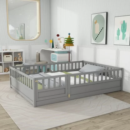 Kumix Full Size Floor Bed, Wood Floor Bed with Fence and Door for Kids, Boys/Girls, Toddler Floor Bed with Safety Guardrails, Montessori Floor Bed Frame for Bedroom, Easy Assembly, Gray
