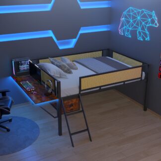 Kumix Loft Bed Full Size, Metal Loft Bed with Desk and Storage for Kids Teens, Space-Saving Loft Bed with LED, Safety Guard and Ladder for Bedroom, Noise-Free, No Box Spring Needed, Black+Brown