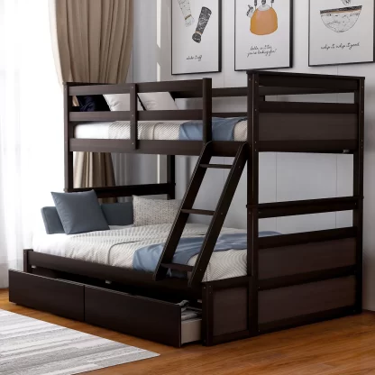 Kumix Twin over Full Bunk Bed, Wooden Bunk Bed with 2 Storage Drawers, Guardrails and Inclined Ladder for Kids Teens Adults, Space-Saving Bunk Bed Can be Convertible into 2 Beds, Noise Free, Espresso