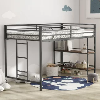 Kumix Loft Bed Twin Size, Metal Loft Bed with Shelf, Full-Length Guardrail, Twin Loft Bed with Ladder for Kids, Teens, Adults, Space-Saving Loft Bed for Bedrooms, No Box Spring Needed, Black