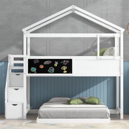 Kumix Twin over Full Bunk Bed, Wood House Bed with Blackboard, Storage Staircase and Full-Length Guardrail for Kids, Teens, Adults, Heavy Duty Bunk Bed for Bedroom, Dorm, Space-Saving, White