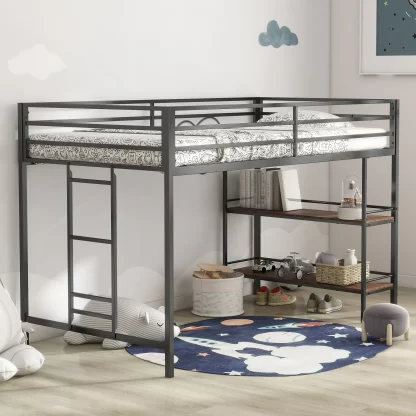 Kumix Loft Bed Twin Size, Metal Loft Bed with Shelf, Full-Length Guardrail, Twin Loft Bed with Ladder for Kids, Teens, Adults, Space-Saving Loft Bed for Bedrooms, No Box Spring Needed, Black