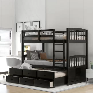 Kumix Twin over Twin Bunk Bed with Trundle, 3 Beds in 1 Bunk Bed for Kids Teens with 3 Drawers, Safety Gruadrail and Ladder, Wood Bunk Bed Frame Able to Split, No Box Spring Needed, Espresso