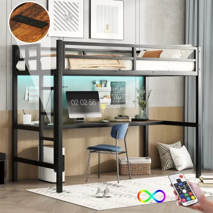 Loft Bed Twin XL Size, Metal Loft Bed with Desk, Power Outlet and LED Lighted for Kids, Teens, Adults, High Loft Bed Frame with Guardrails and Build-in Ladder for Bedroom, Noise Reduced, Black