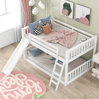 Kumix Bunk Bed with Slide, Full over Full Bunk Bed with Inclined Ladder and Full-Length Guardrail for Kids, Teens, Adults, Full Size Wood Bed for Bedrooms, Dormitories, Space-Saving, White