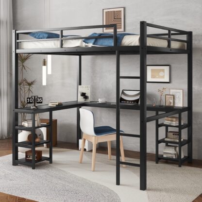 Kumix Loft Bed with Desk and Shelves, Metal Loft Bed Full Size with Ladder and Safety Guardrails for Kids Teens Adults, Space-Saving Loft Bed Frame for Bedroom, Black with Black Desk