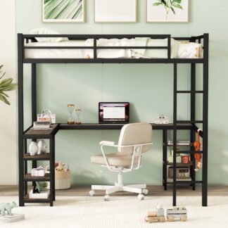 Kumix Loft Bed with Desk and Shelves, Metal Loft Bed Full Size with Ladder and Full-Length Guardrails for Kids Teens Adults, Space-Saving Loft Bed Frame for Bedroom, Noise Free, Black