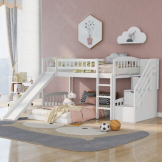 Kumix Twin over Twin Bunk Bed with Slide, Low Bunk Bed for Kids with 2 Storage Staircase, Safety Guardrail and Build-in Ladder, Wood Bunk Beds Twin Size for Bedroom, Noiseless, White