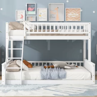 Kumix Twin XL Over Queen Bunk Bed, Low Bunk Bed for Kids with Inclined Ladder and Safety Guardrail, Wood Bunk Bed Can Convertible into 2 Separate Beds for Bedroom, Noise Free, No Box Spring, White