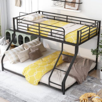 Kumix Bunk Bed Twin XL over Queen, Low Bunk Bed, Metal Bunk Bed with Full- Length Guardrail and Ladder, Toddler Bunk Beds for Kids, Teens, Adults, No Box Spring Needed, Black