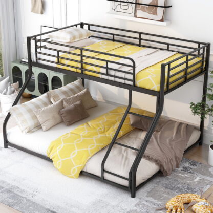 Kumix Bunk Bed Twin XL over Queen, Low Bunk Bed, Metal Bunk Bed with Full- Length Guardrail and Ladder, Toddler Bunk Beds for Kids, Teens, Adults, No Box Spring Needed, Black