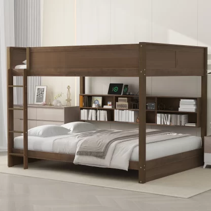 Kumix Queen over Queen Bunk Bed, Solide Wood Bunk Bed with 6 Storage Cabinets, USB Ports and Safety Guardrail, Heavy Duty Queen Bunk Bed for Kids, Teens, Adults, for Bedroom, Dorm, Wood