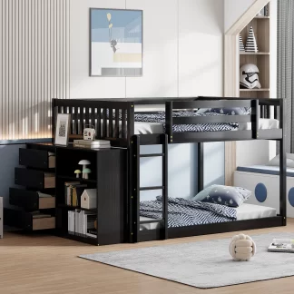 Kumix Full over Full Bunk Bed, Low Bunk Bed with 4 Drawers and 3 Storage Cabinets, Wood Bunk Beds for Kids with Full-Length Guardrail and Ladder, Noise Free, No Box Spring Needed, Espresso
