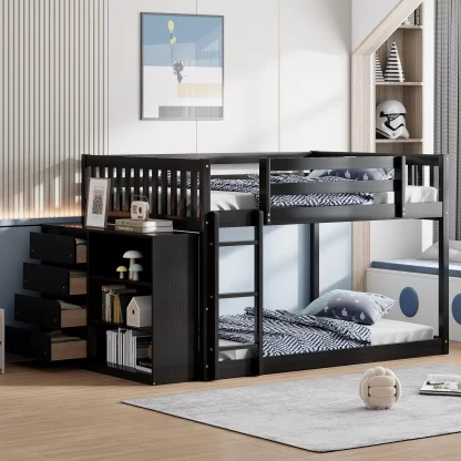 Kumix Full over Full Bunk Bed, Low Bunk Bed with 4 Drawers and 3 Storage Cabinets, Wood Bunk Beds for Kids with Full-Length Guardrail and Ladder, Noise Free, No Box Spring Needed, Espresso